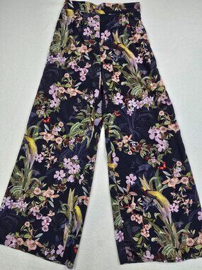 H&M Floral Pattern Wide Leg Pants Womens Size 4 Boho Elastic Waist